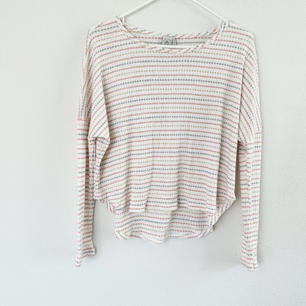Paper Crane Top Womens Size XS Pink Gray Striped‎ Waffle Knit Long Sleeves